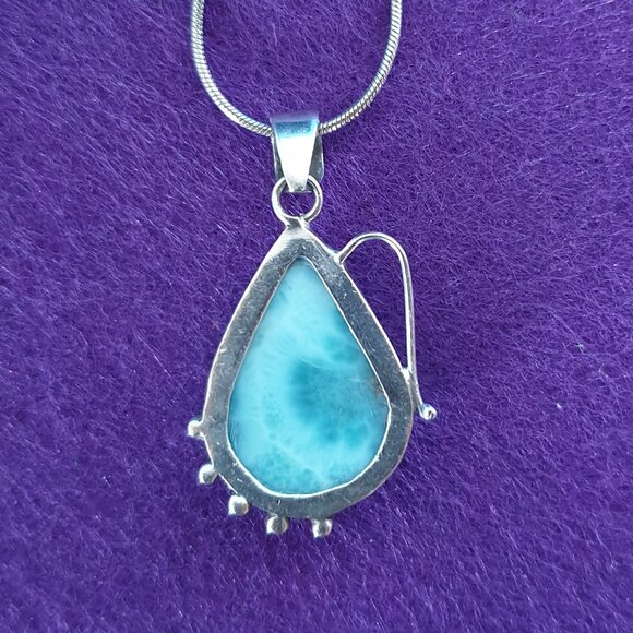 Beautiful Vintage 925 Sterling Silver Natural Larimar Statement Pendant Necklace - Picture 12 of 13